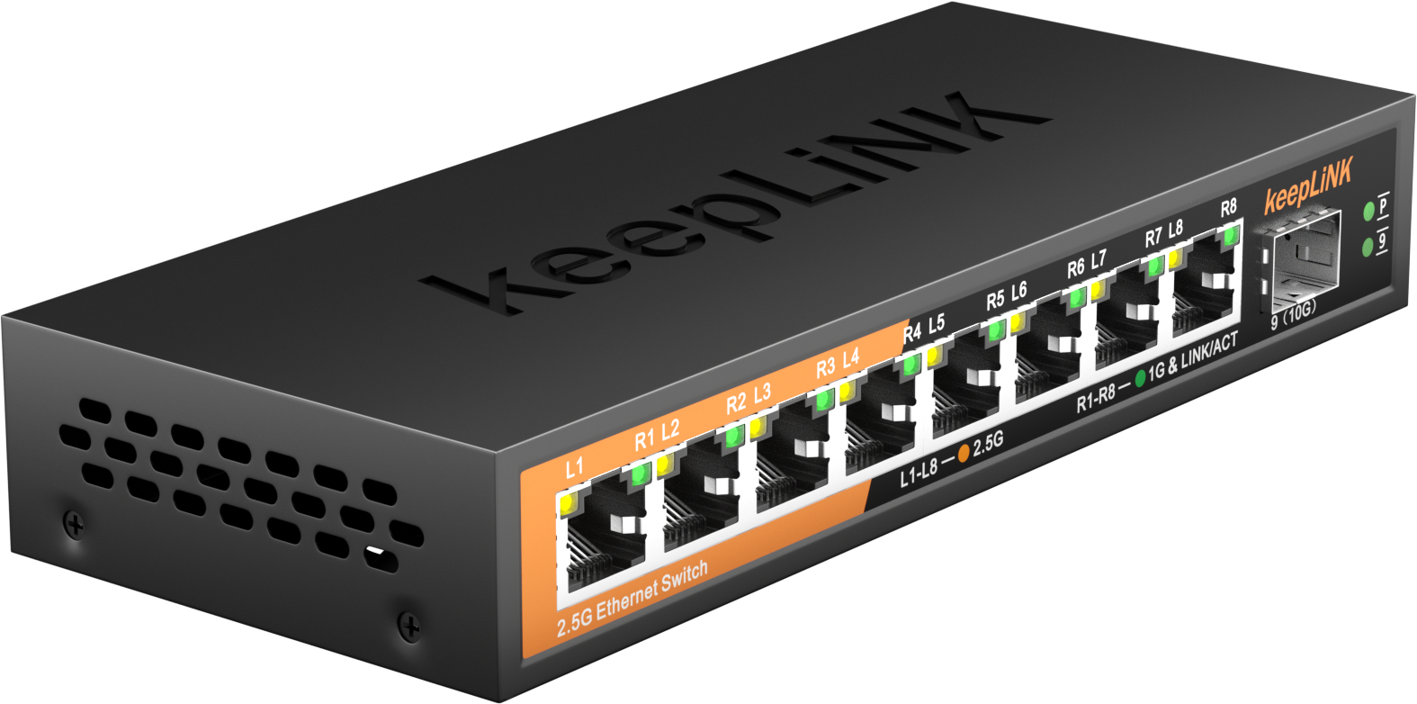 Switch KeepLink KP-9000-9XH-X visto em três quartos, com oito portas RJ45 2.5G e uma porta SFP 10G